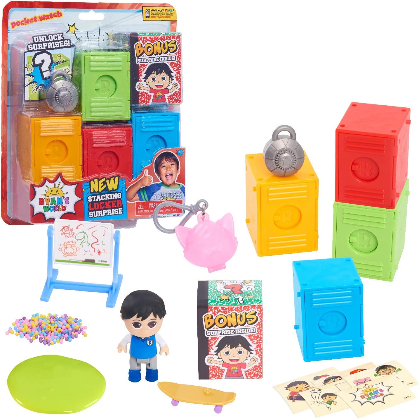 Ryan’s World Stacking Surprise Lockers, 5 Pre-filled Lockers, Includes Figure, Slime, Keychain, Styles May Vary, Kids Toys for Ages 3 Up