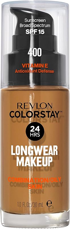 Revlon Colorstay Longwear Maquillaje combinado/graso, 400 caramelo, 1 fl oz | Base de maquillaje de larga duración para pieles mixtas y grasas con SPF 15. Cobertura media-completa, acabado mate. Hasta 24 horas de uso.