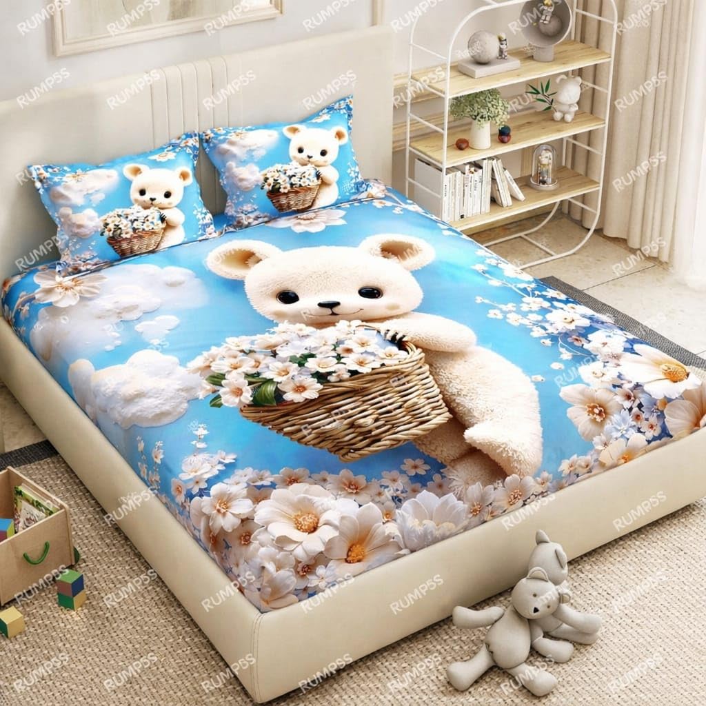 RUMPS 3D Digital Printed Double Bedsheet Flat | Premium Knitted Cotton MicroFabric 90x100 Inch Bed Sheet with 2 Pillow Covers, Cute Cartoon Blue Bird (7D Digital bedheet 11)