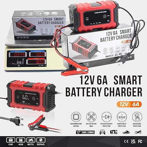 Miniatura 7 de FOXSUR - Cargador de batería para motocicleta y automóvil de 6 amperios, cargador de reparación de pulso de 12 V, mantenedor de batería e