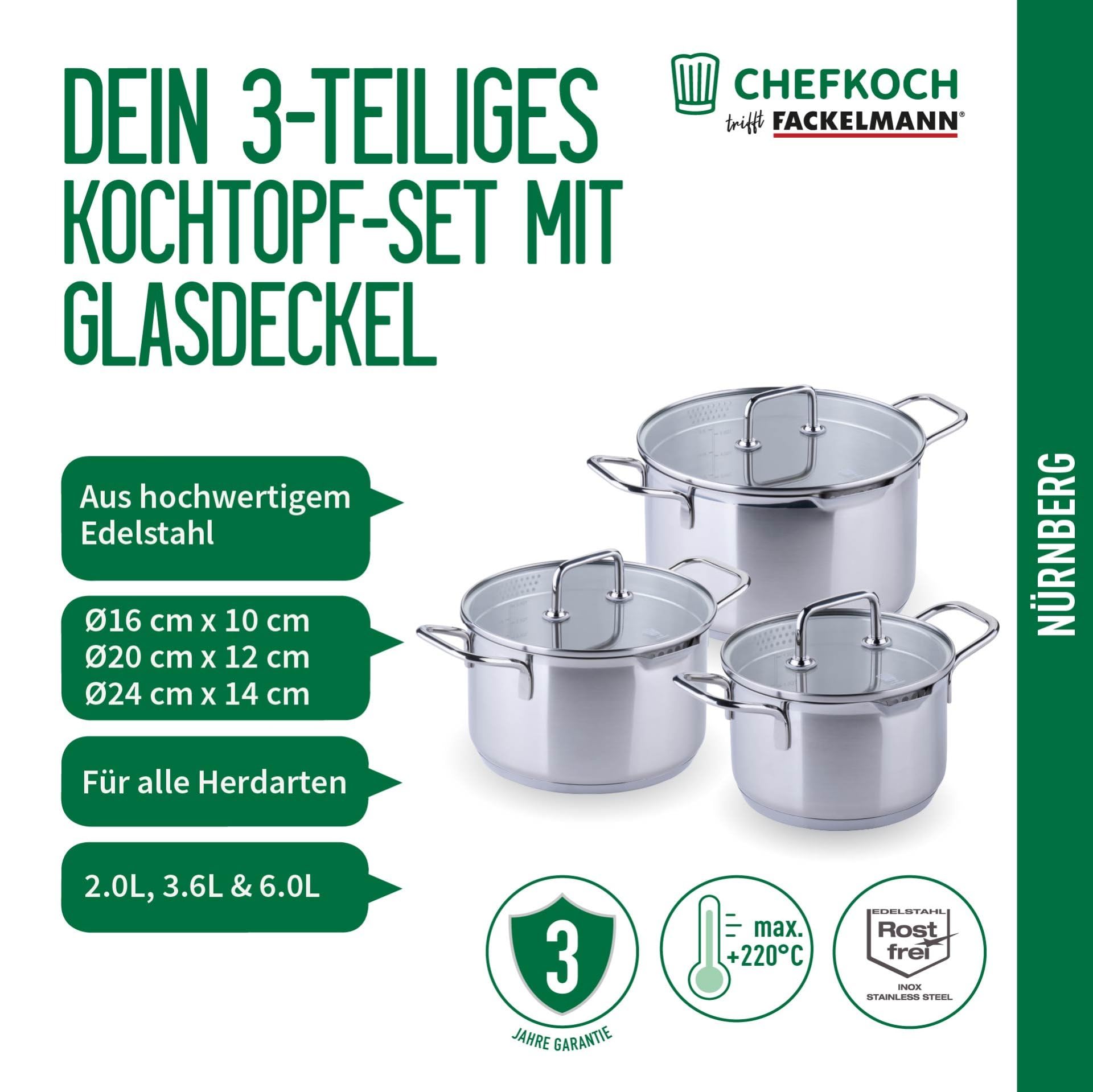 Chefkoch trifft Fackelmann Kochtopf-Set mit Glasdeckel Ø16, 20, 24cm – Aus Premium Edelstahl mit Aluminium-Kern, für alle Herdarten inkl. Induktion