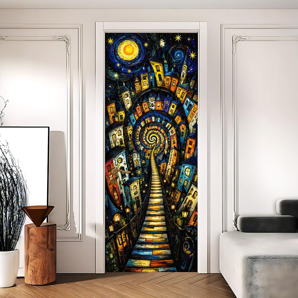 Starry Town Door Sticker, Peel &amp; Stick Door Cover, 30.3x78.7in