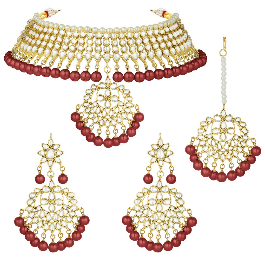 Peora Gold-plated Brass and Kundan, Pearl Necklace Earring Set With Maang Tikka for Women & Girls (Maroon) (B07R1TD63D) Amazon Price History, Amazon Price Tracker