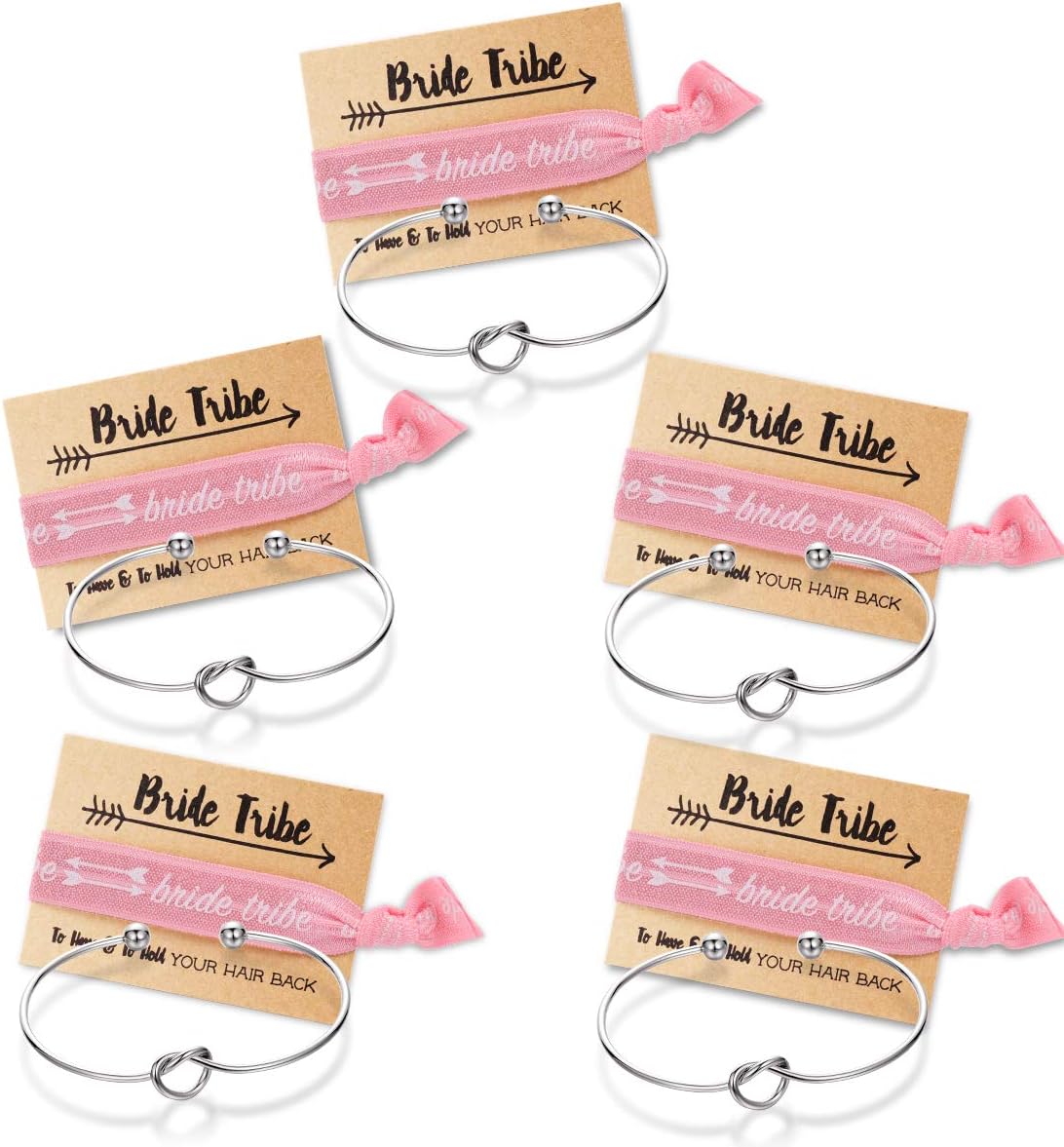 MOOKOOBridesmaid bracelets-Ikooo 5 pcs Love Knot Open Bangle With Bride Tribe Hair tie for Best Friend, BFF of the Bride wedding Gift