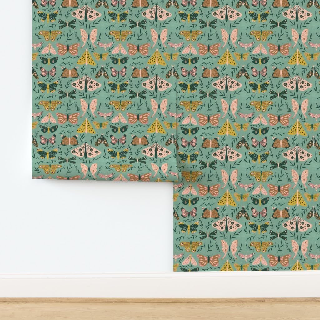 Peel & Stick Wallpaper 3ft x 2ft - Moths Teal Butterfly Modern Gold Mint Moth Mod Custom Removable Wallpaper by Spoonflower