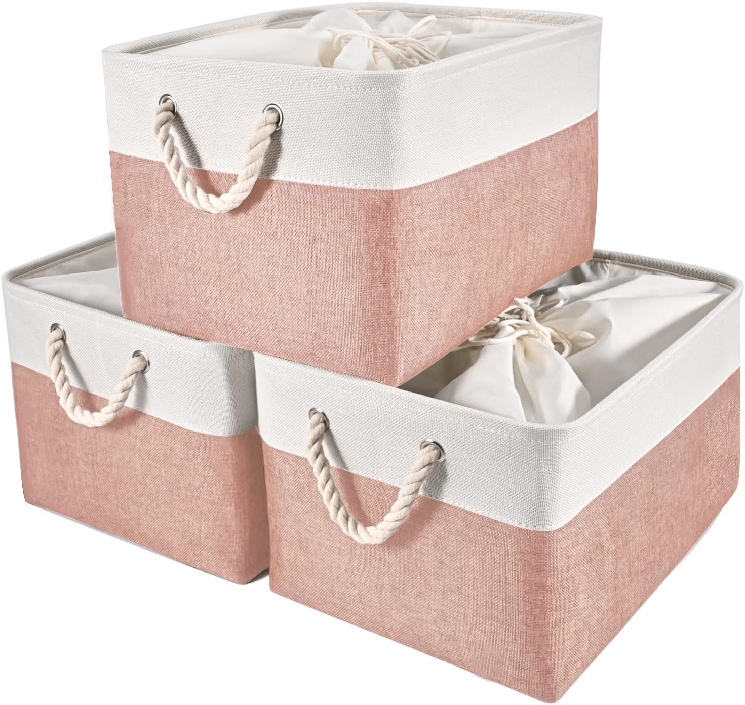 HOdo Home Storage Bins, Fabric Bin with Drawstring Closure and 2 Bold Handles, Collapsible Large Canvas Baskets for Organizing Shelf Nursery Home Closet (15.8×11.8×9.5 In/3-Pack, White and Pink)