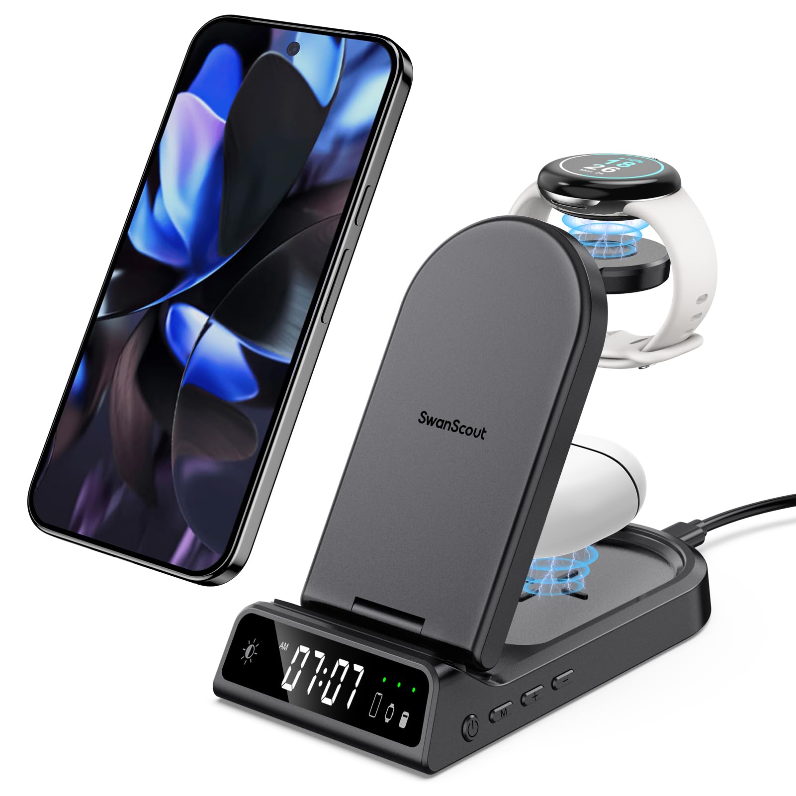 Charging Station for Samsung Galaxy S25 Ultra/S25+/S25/S24 Ultra/S24+/S24, Google Pixel 9 Pro/9 Pro XL/9/8, SwanScout 702G, Wireless Charger for Galaxy Watch Ultra/7/6 Classic/6/5 Pro/4 and More