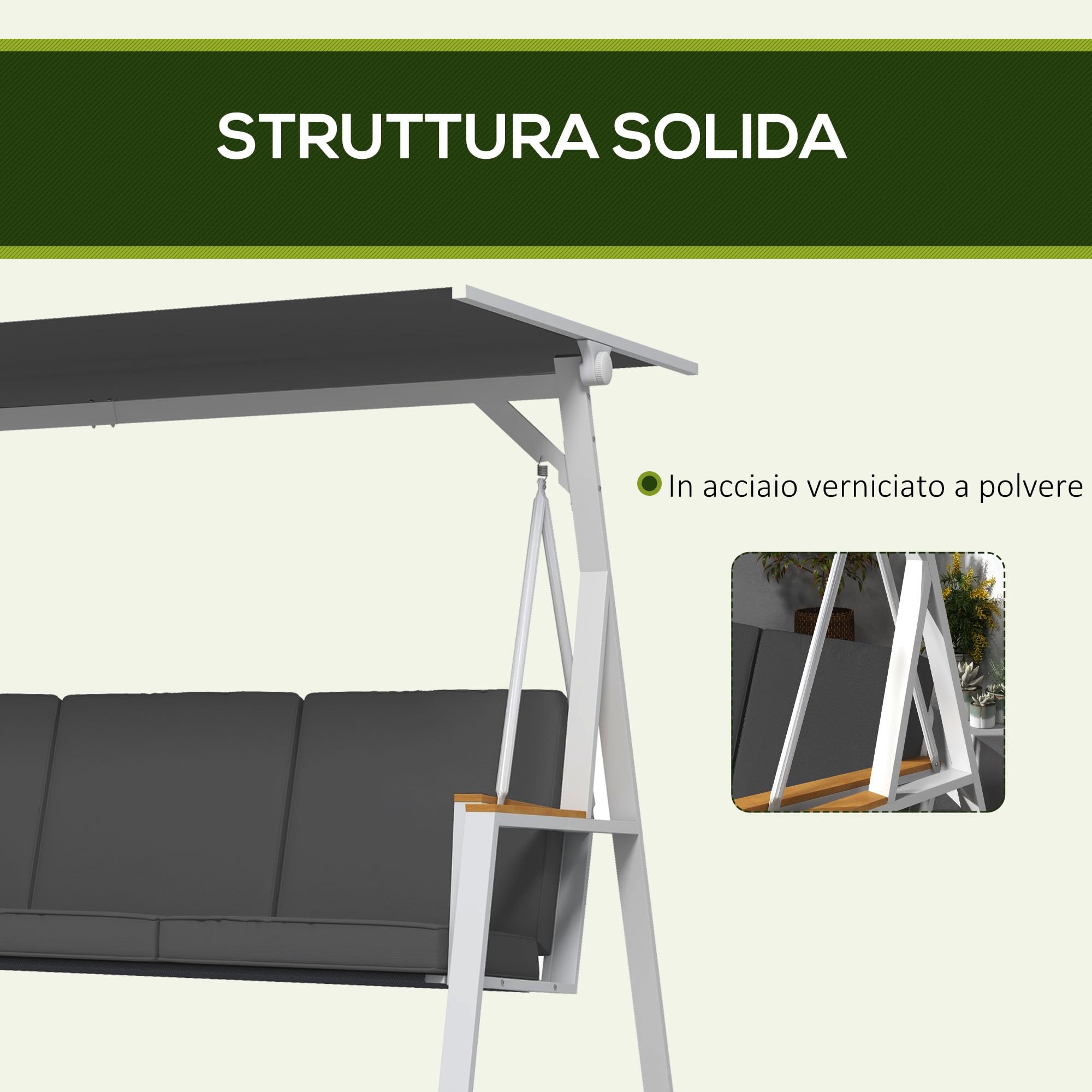 Outsunny Dondolo 3 Posti con Tettuccio Inclinabile e Cuscini, Dondolo da Giardino in Acciaio con Seduta Traspirante, 205x130x175 cm, Grigio Scuro