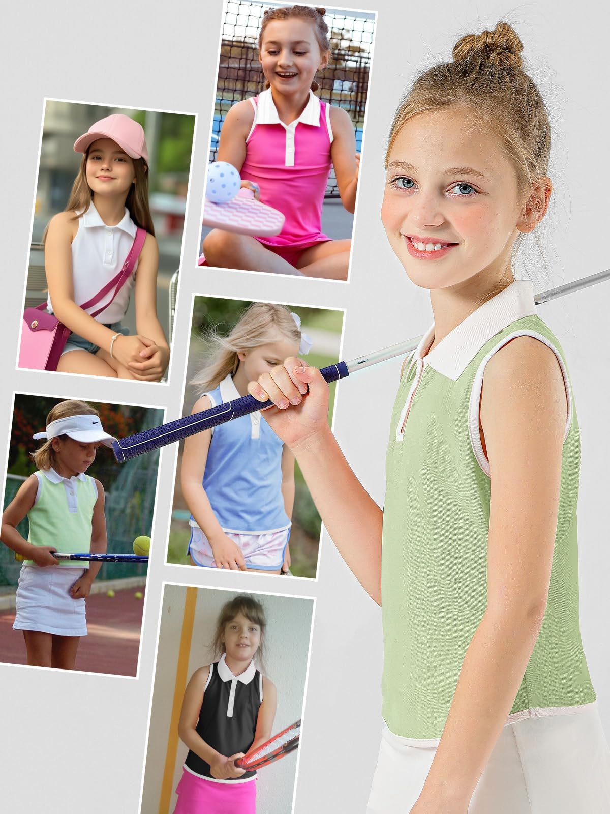 Dziewczęca koszulka polo bez rękawów koszulki golfowe kontrastowe kołnierzyk zapinane na guziki koszulki tenisowe szybkoschnące oddychające podkoszulki