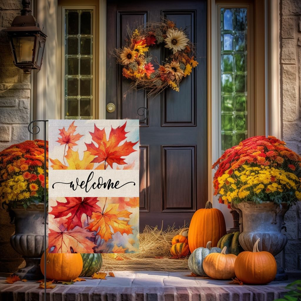 PARTY BUZZ Maple Leaves Welcome Fall Garden Flag Small 12x18 Double Sided Autumn Thanksgiving Seasonal Holiday Burlap Yard Flag Outside Outdoor