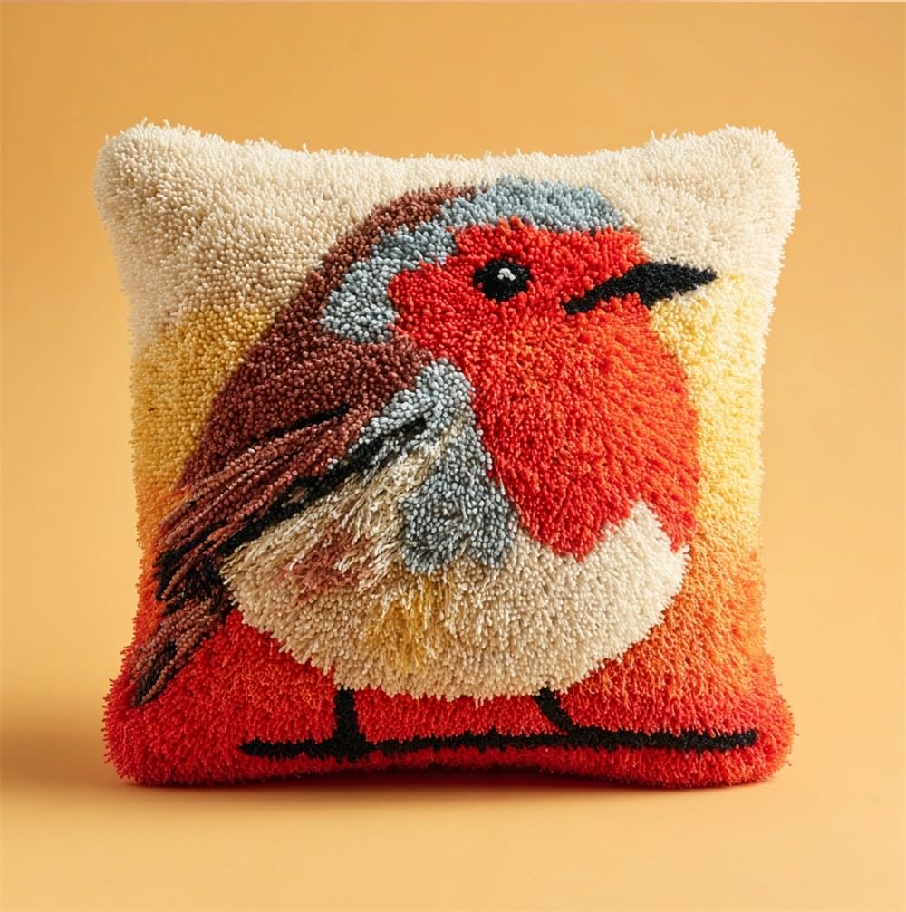 Henypt Latch Hook Cushion Kit for Adults,Robin DIY Rug Hooking Pillow Cover