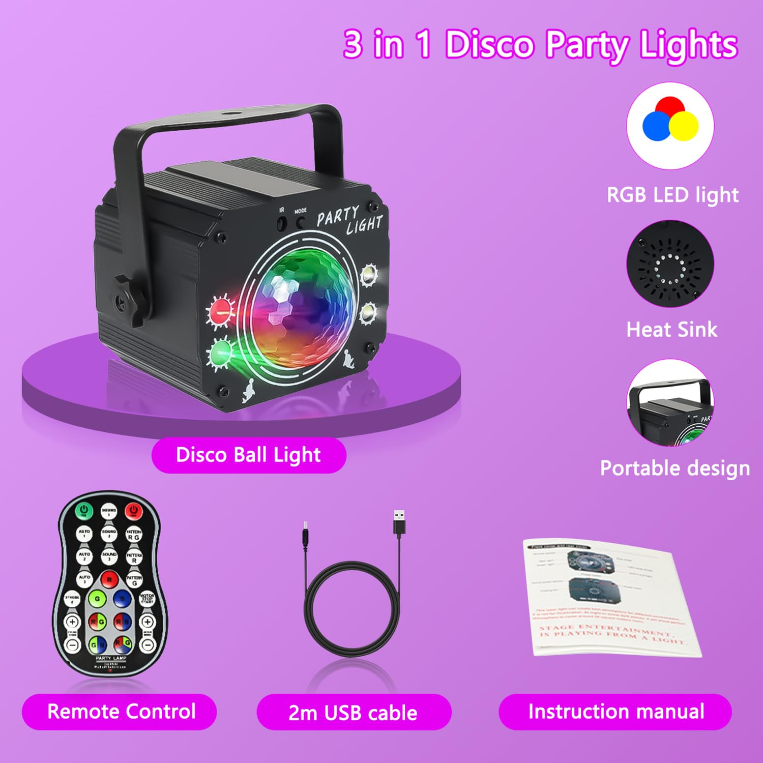 Luci Discoteca con Telecomando, Luci da Discoteca Acustiche Stroboscopiche a LED, Luci da Festa con cavo USB da 2M per Feste di Compleanno, Halloween, Natale