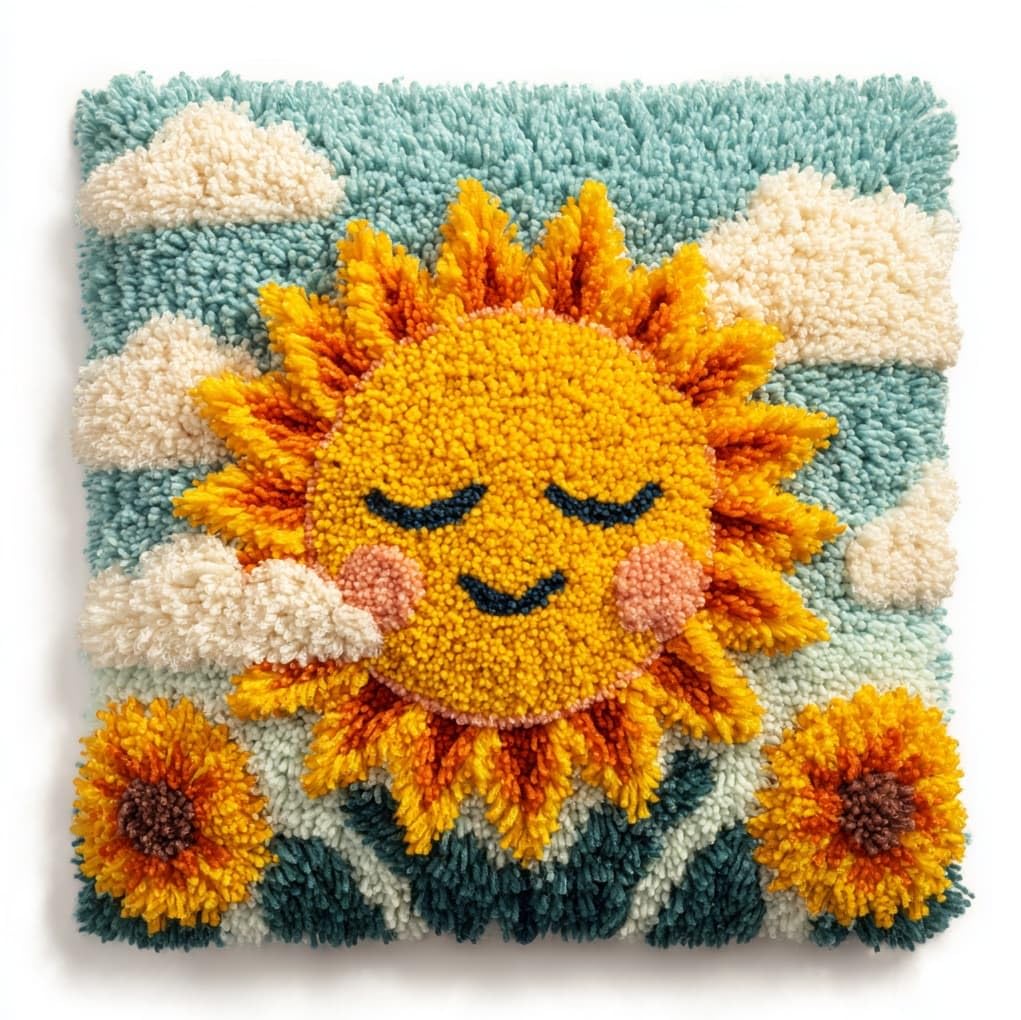 WallustrioaW Pre Printed Latch Hook Kits for Adults Beginners,Smiling Sunflower,DIY Needlework Pillow Cover Cushion Making Kit for Christmas Birthday Gift,43x43cm