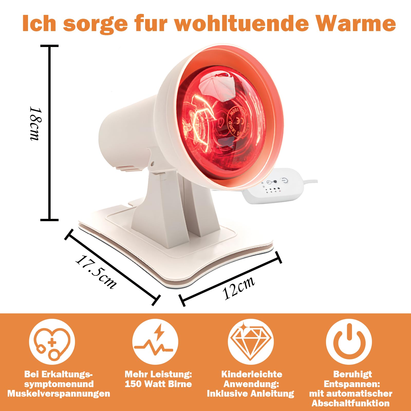 Rotlichtlampe 150Watt, mit Timer, Infrarotlampe Rotlichtlampe Gesicht Einstellbare Zeit und Temperatur (Weiß), mehrstufiger Winkelverstellung
