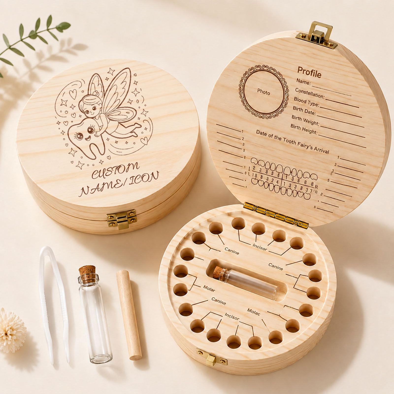 UGU Personalised Wooden Tooth Fairy Box, Custom Baby Teeth Keepsake, Classic Tooth Fairy Themed Souvenir Box for Boys and Girls (Tooth Fairy Wooden Milk Teeth Box02)