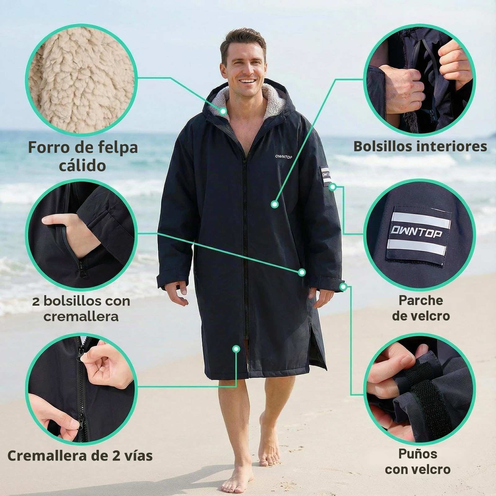 Owntop Bata cambiadora para Adultos y niños | Parka de natación Oversize | Impermeable y Resistente al Viento | Forro Polar Sherpa Interior, Bolsillos y Badge | para Surf, Playa, natación, Camping