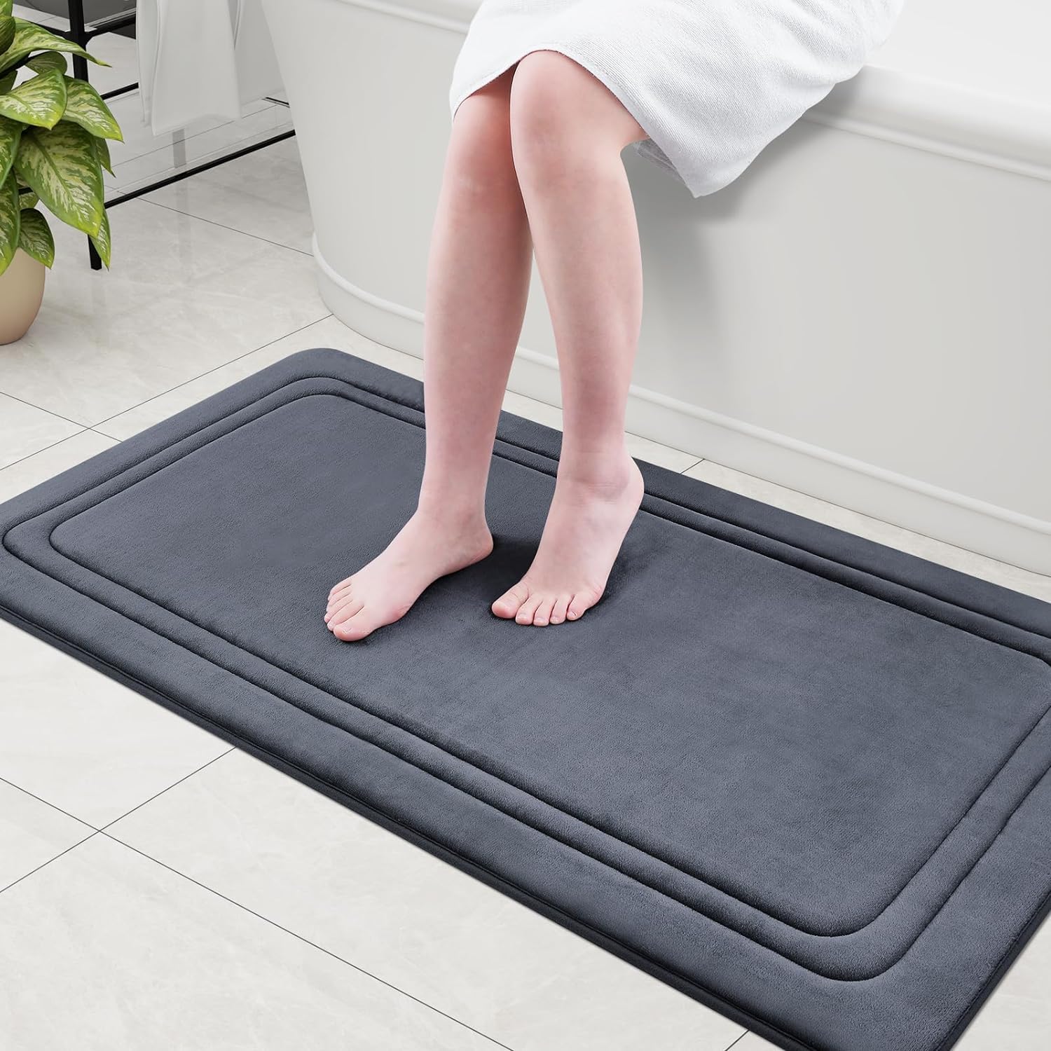 smiry Memory Foam Bath Mat - 60 x 120cm, Non-Slip, Super Absorbent, Comfortable - Machine-Washable Floor Rug, Dark Grey
