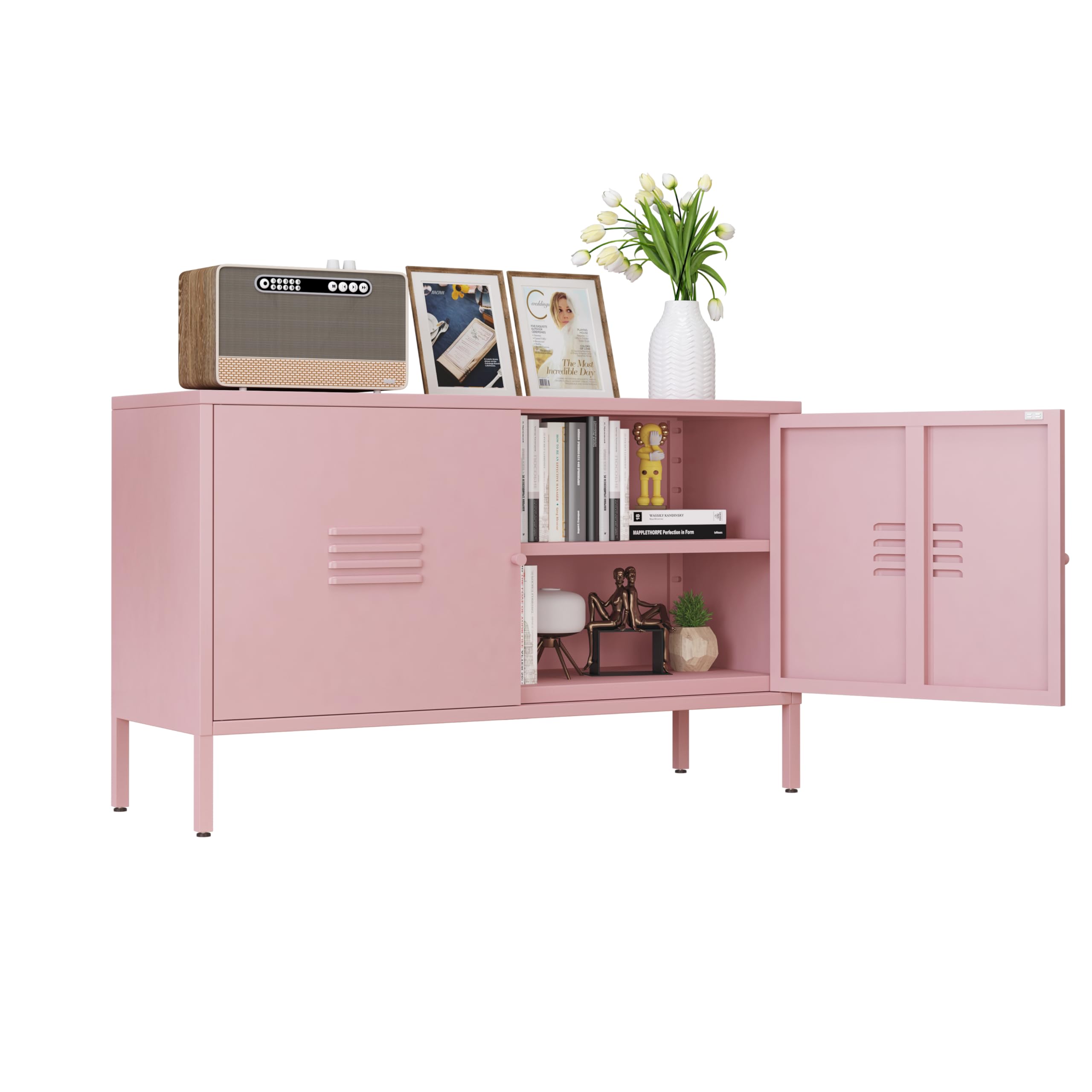 Storage Cabinet with Doors with Shelves -TV Stand Metal Storage Cabinet - Metal Storage Accent Cabinet for Home, Office, Entryway,LivingRoom. (tv Stand Cabinet, Pink)