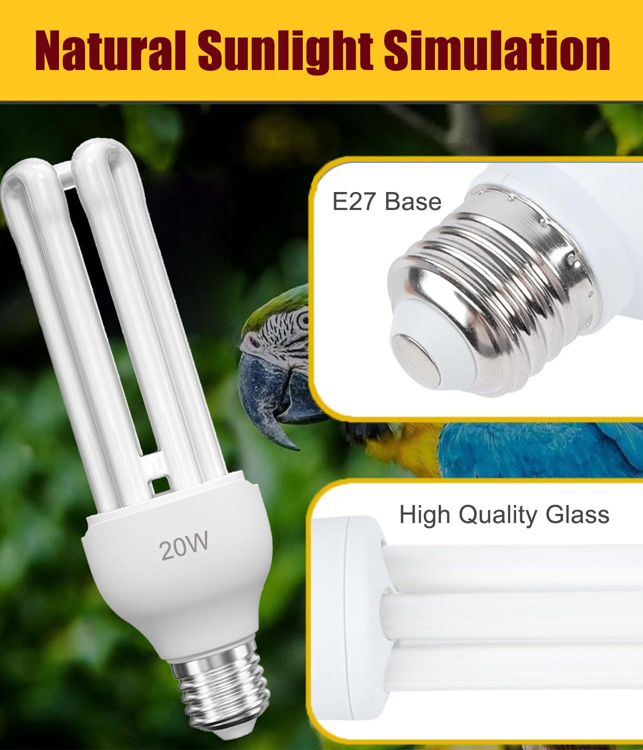 KINGYEENUO Kit Combinado de Lámpara para Jaula de Pájaros, Lámpara con Pinza y Tablero de Madera, Bombilla Fluorescente Compacta 20W 2,4% UVB UVA, E27 Luz UVB para Todo Tipo de Pájaros en Cautiverio