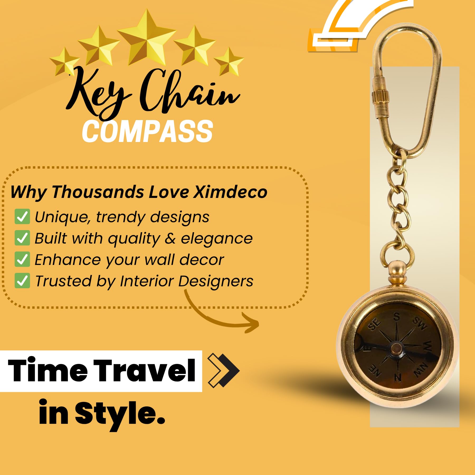 Ximdeco Brass Antique Nautical Vintage Style Ross London Compass Key Chain Showpiece (Golden) 2