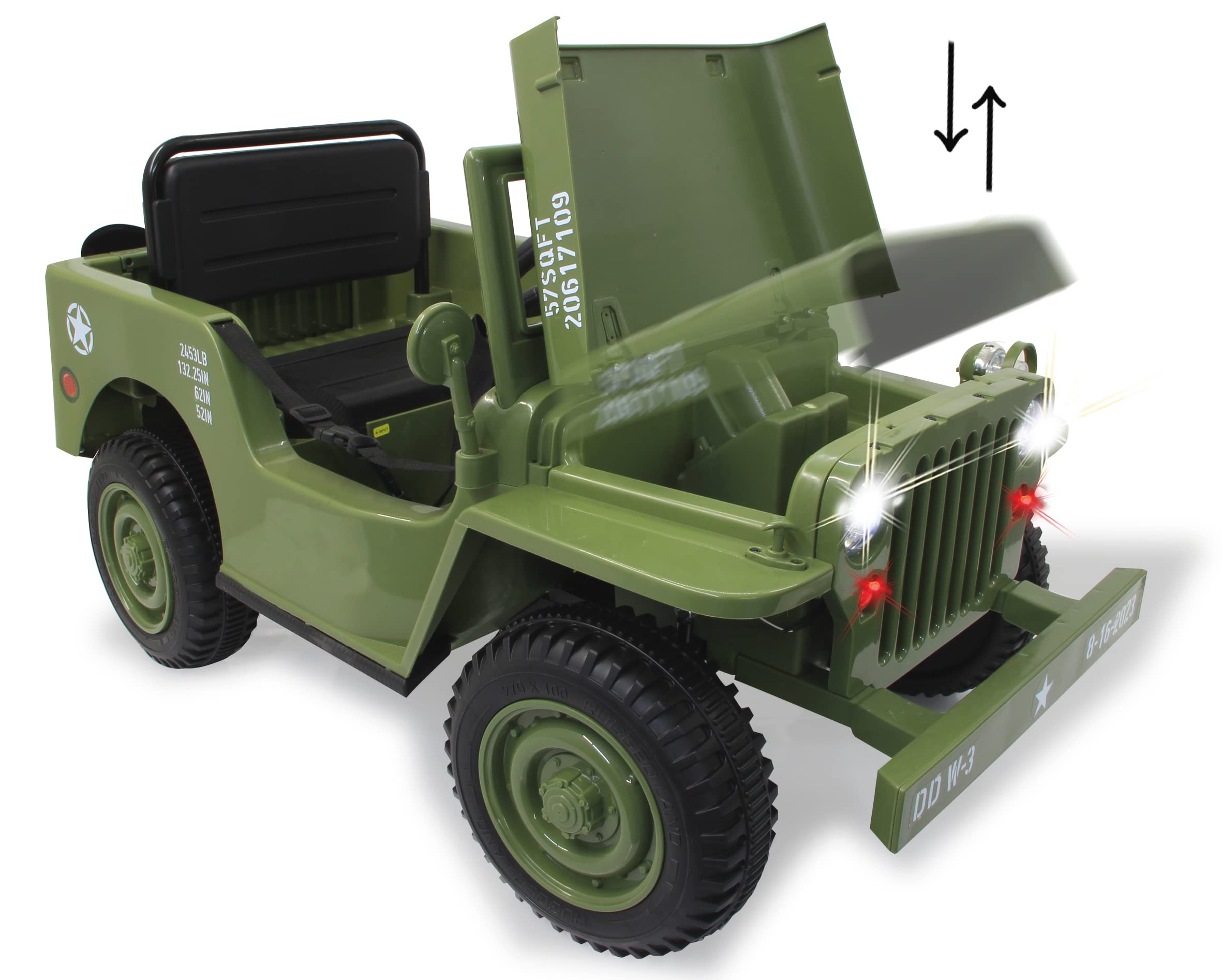 Ride-on Jeep Willys MB Army 12 V – Démarrage Doux, Coffre, Pelle Amovible, Port USB, Bluetooth, Voiture électrique