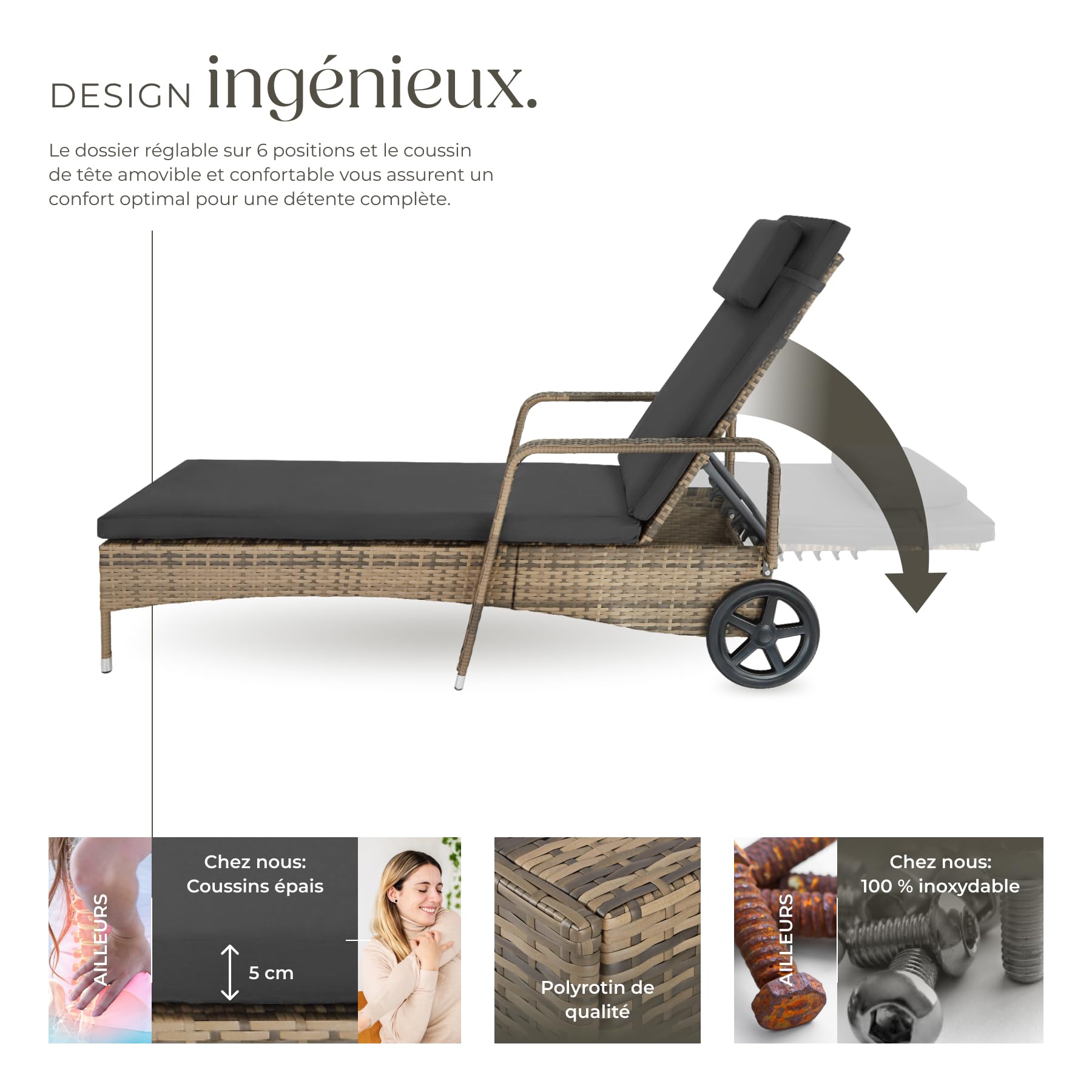 tectake® Chaise Longue Bain de Soleil en Resine Tressee Résistant Inclinable avec Roulettes Transat Salon de jardin exterieur Mobilier de Jardin Chaise Longue Piscine Plage - Marron Naturel/Gris Foncé