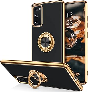 Telaso Samsung S20 FE 5G Case, 360° Rotation Kickstand Ring Holder Plating Edge Soft Rubber TPU Bumper Slim Flexible Shockproof Protective Phone Case Cover for Samsung Galaxy S20 FE 2020, Black