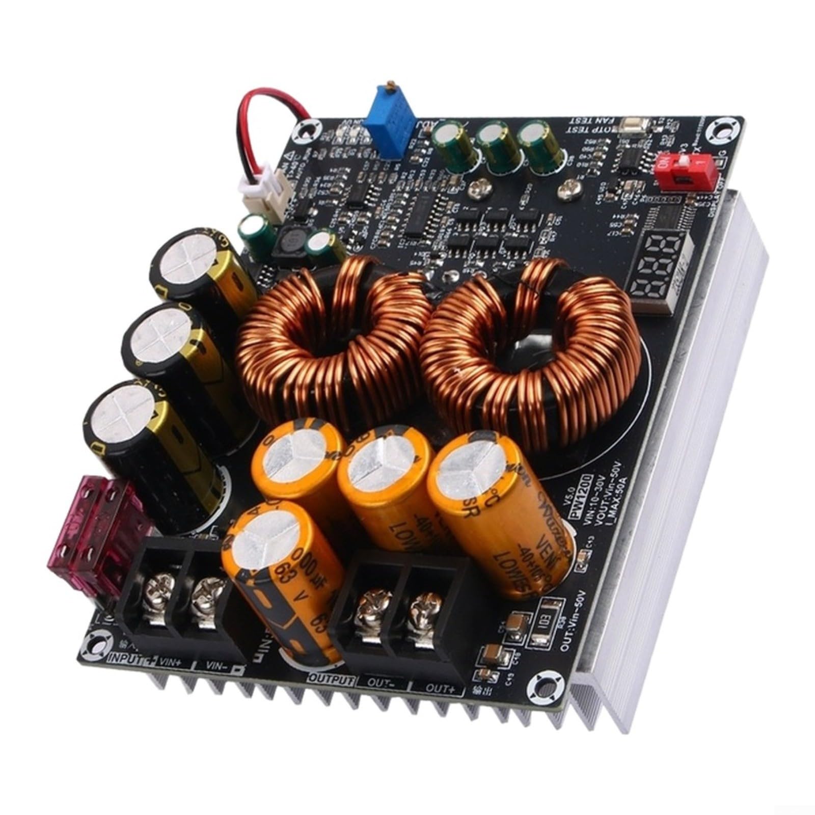 Convertidor de impulso de 1200 W, módulo de alimentación ajustable de 50 A, para potenciador de audio, diseños de inductor dual, con protección contra sobrecorriente, entrada CC 10-30 V a