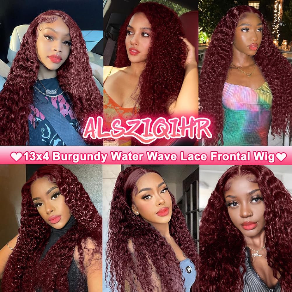 99J Burgundy Water Wave Lace Front Wigs Human Hair 13x4 180% Density Transparent Lace Frontal Wigs Curly Wigs for Women Red Deep Wigs Pre Plucked with Baby Hair 99j Lace Front Wigs(30 inch)