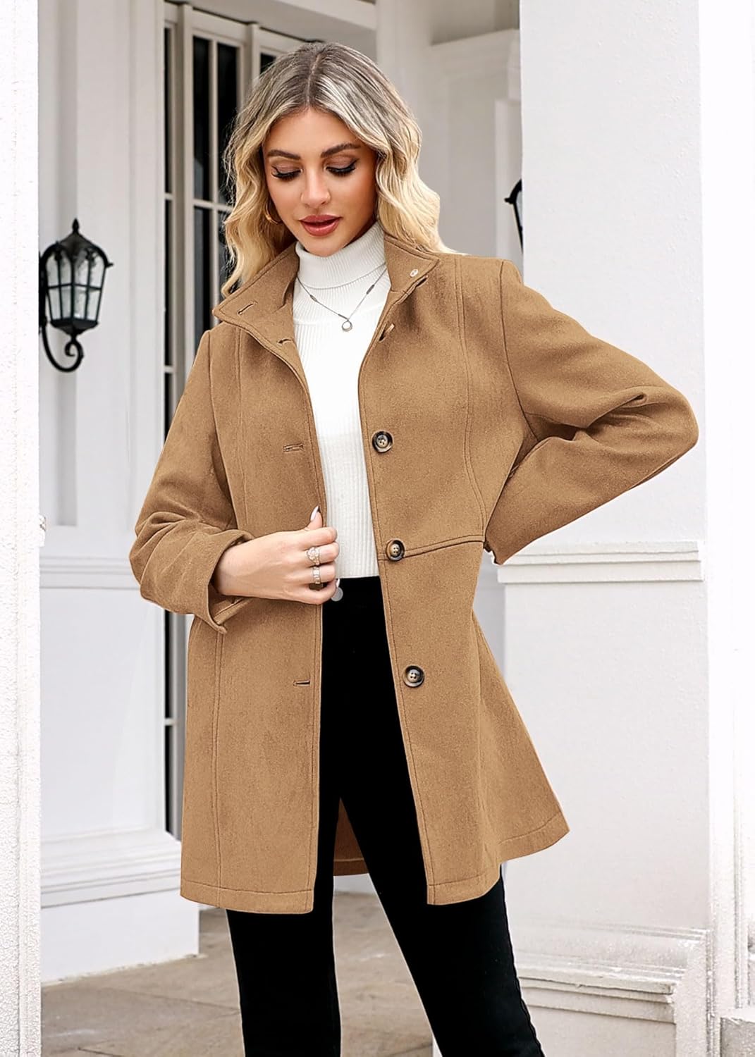 Womens Winter Suede Coat Stand Collar Single Breasted Overcoat with Pockets Mid Length Trench Coats - Image 3