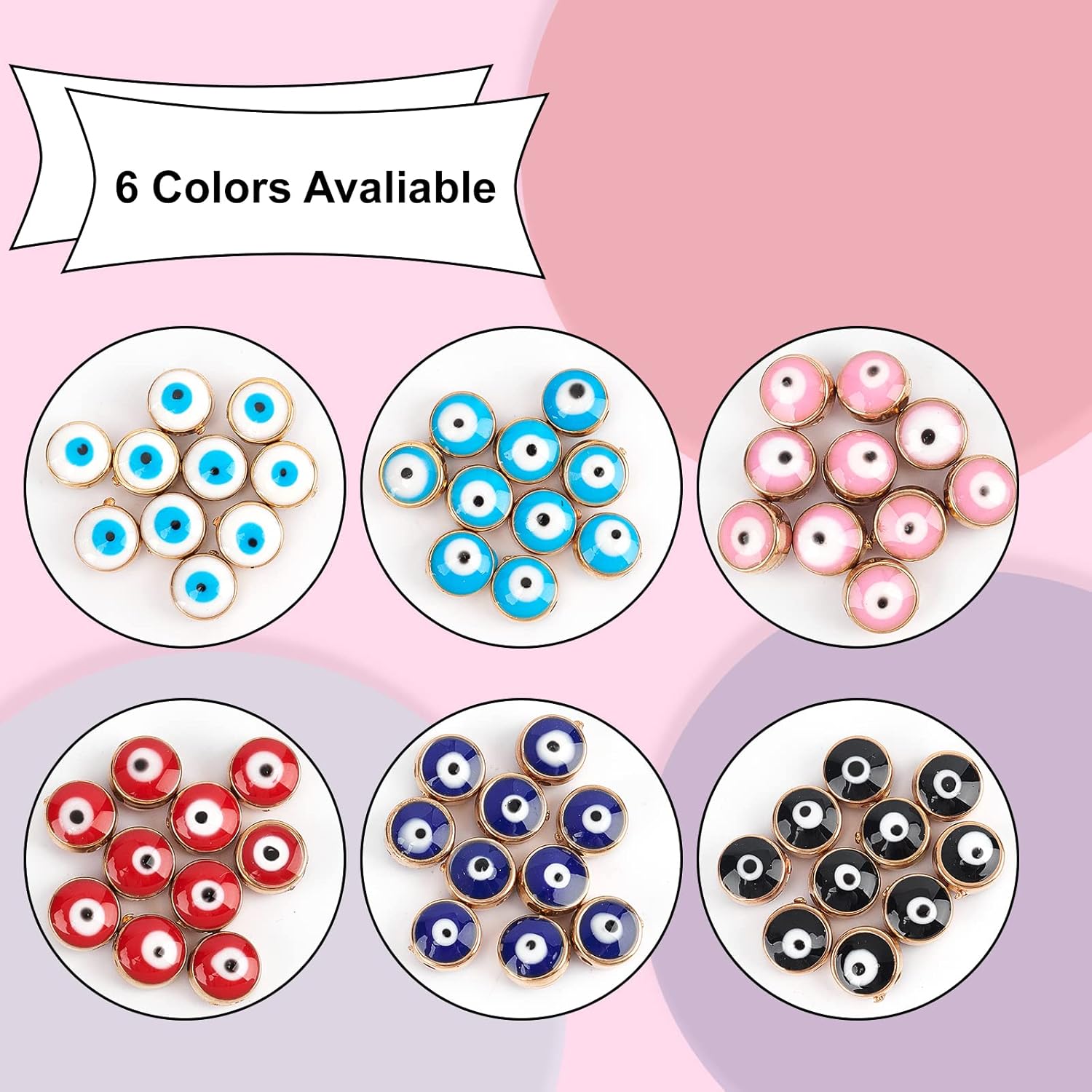 NBEADS 60 Pcs 8mm Acrylic Evil Eye Beads, Flat Round Opaque Gold Plated Evil Eye Charms for DIY Jewelry Making, 6 Assorted Colors - Image 4