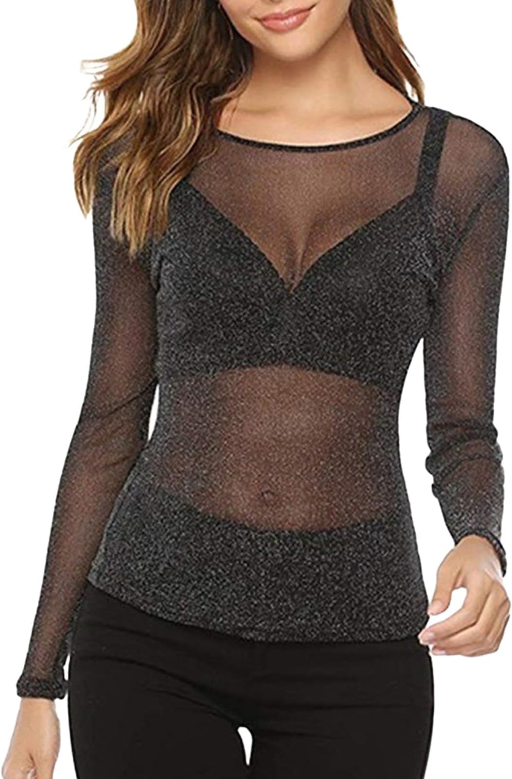 Womens Solid See Through Long Sleeve Arm Shaper Top Mesh Shirt Blouse and Shirts Women Ladies Plus Size Shirts V Neck Gym Tops for Women Cheesecloth Baggy Blouses
