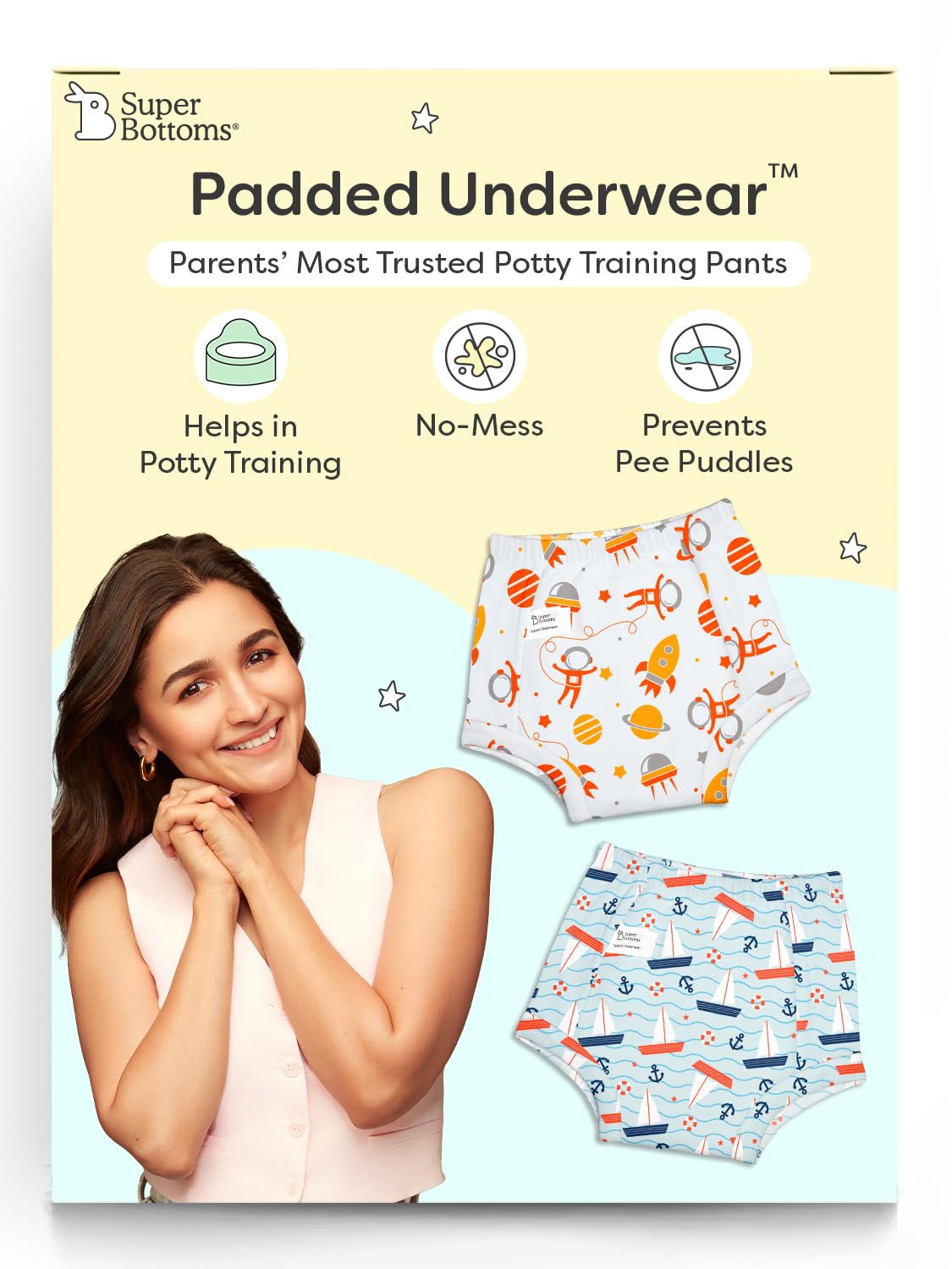 SuperBottoms Padded Underwear For Growing Babies/Toddlers|With 3 Layers Of Cotton Padding & Super DryFeel Layer| Pull-Up For Potty Training & Diaper-Free Time(Need Space- Sea You, Size: 3, Pack of 2)