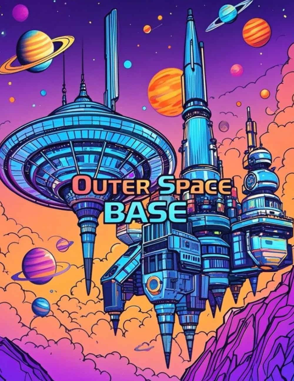 Outer Space Base: Coloring Book for Adults,Intricate Line Art of Futuristic Cities, Spacecraft, and Alien Worlds