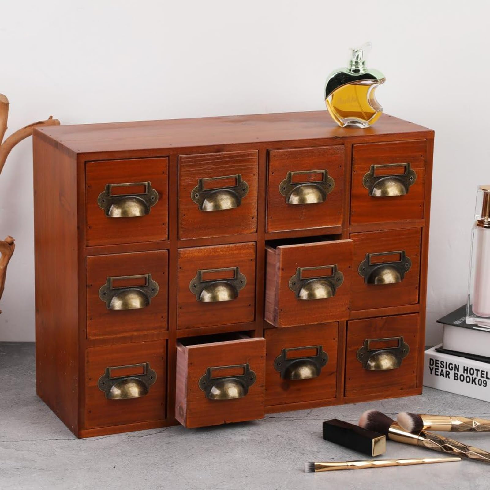 Organizador Escritorio Caja De Almacenamiento De Madera, Gabinete De Catálogo De Tarjetas Con Cajones De Boticario Y 14 Cajones, Caja De Almacenamiento De Madera Para Catálogo De Tarjetas(Brown12)