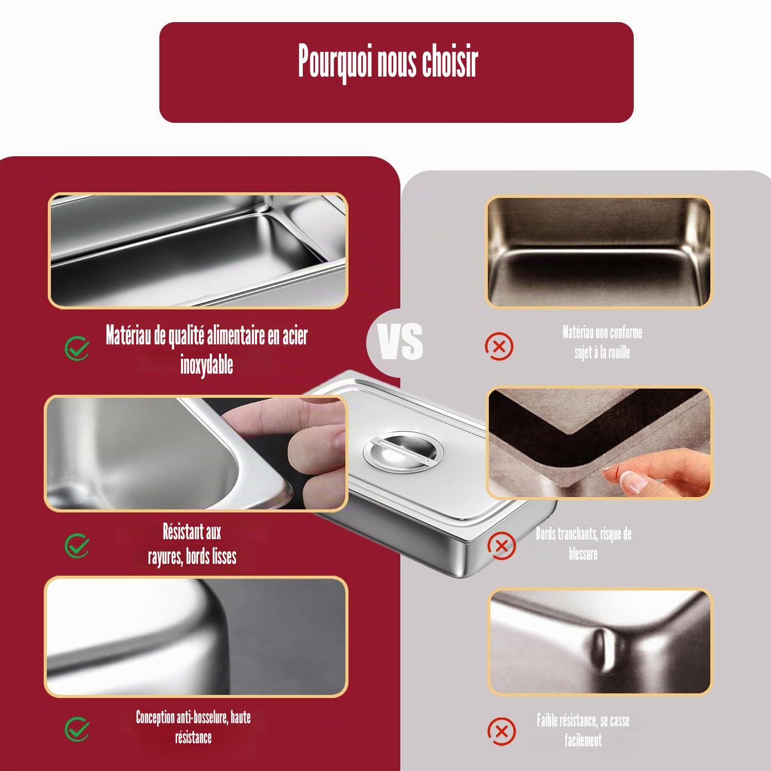 Lot de 3 bols à paner GN 1/3-32,5 x 17,5 x 6,5 cm - Pour côtelettes - En acier inoxydable avec couvercle - Pour escalopes, viande, poisson - Forme rectangulaire