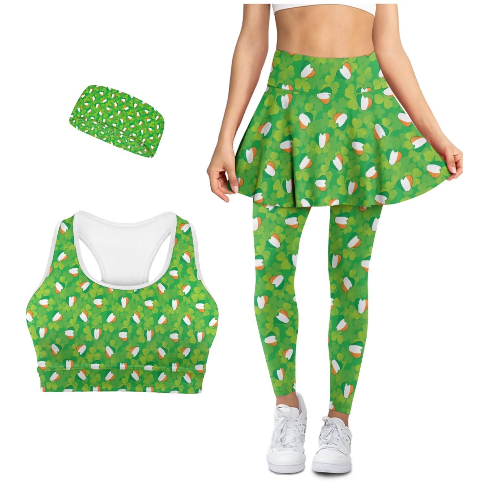 Golf Skirt with Leggings Workout Sets for Women Plus Size Sports Bra with Pocket Non Slip Running Headband