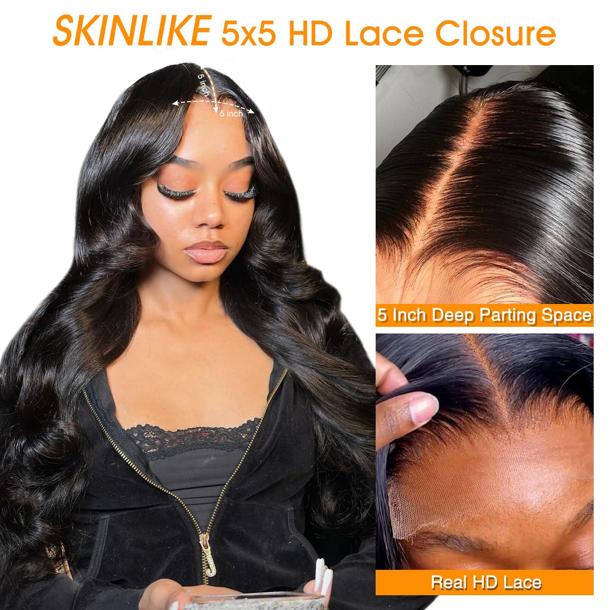 5x5 HD Lace Closure Only Body Wave Human Hair 12A Brazilian Virgin Remy Human Hair Frontal Closure 100% Human Hair Extensions Pre Plucked with Baby Hair Natural Hairline Natural Black 22 Inch
