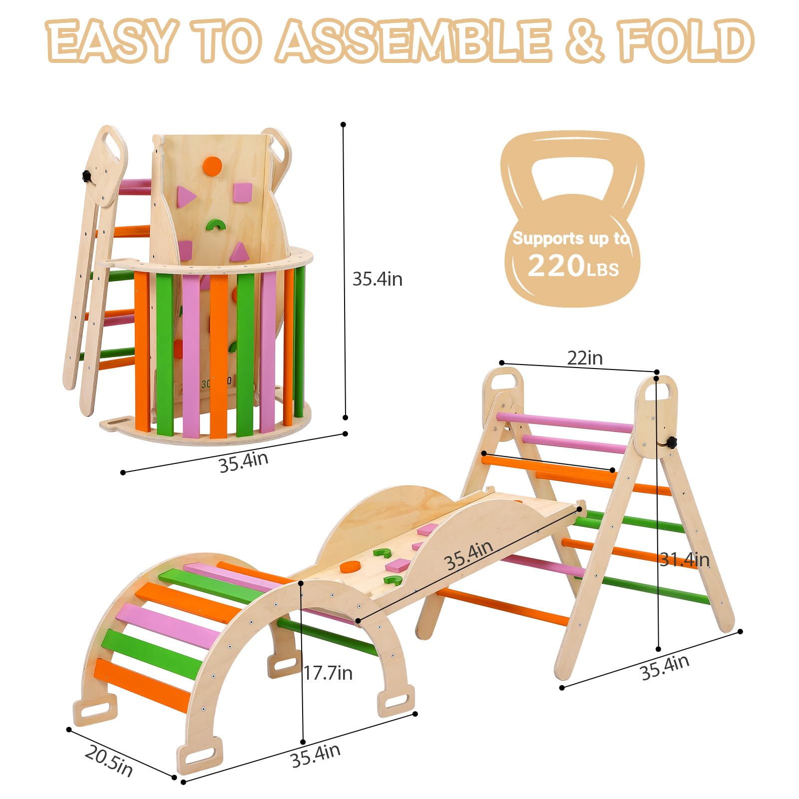 GarveeLife 9-in-1 Montessori Kletterdreieck Set Mit Rutsche, Schaukelbogen | Leiter, Pinball-Spiel Und Wippe, Holz Klettergerüst Für Babys & Kleinkinder, Indoor Spielgerät, Faltbar & Sicher Holzset