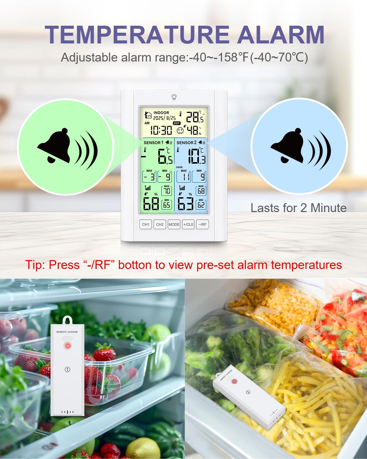 Digitales Kühlschrankthermometer, Gefrierschrank Thermometer mit 2 Sensoren, LCD Farbbildschirm mit Alarm, Hintergrundlicht, Max/Min, Zeit Kalender, DST, ℃/℉, Dual-Power-Modus für Küche
