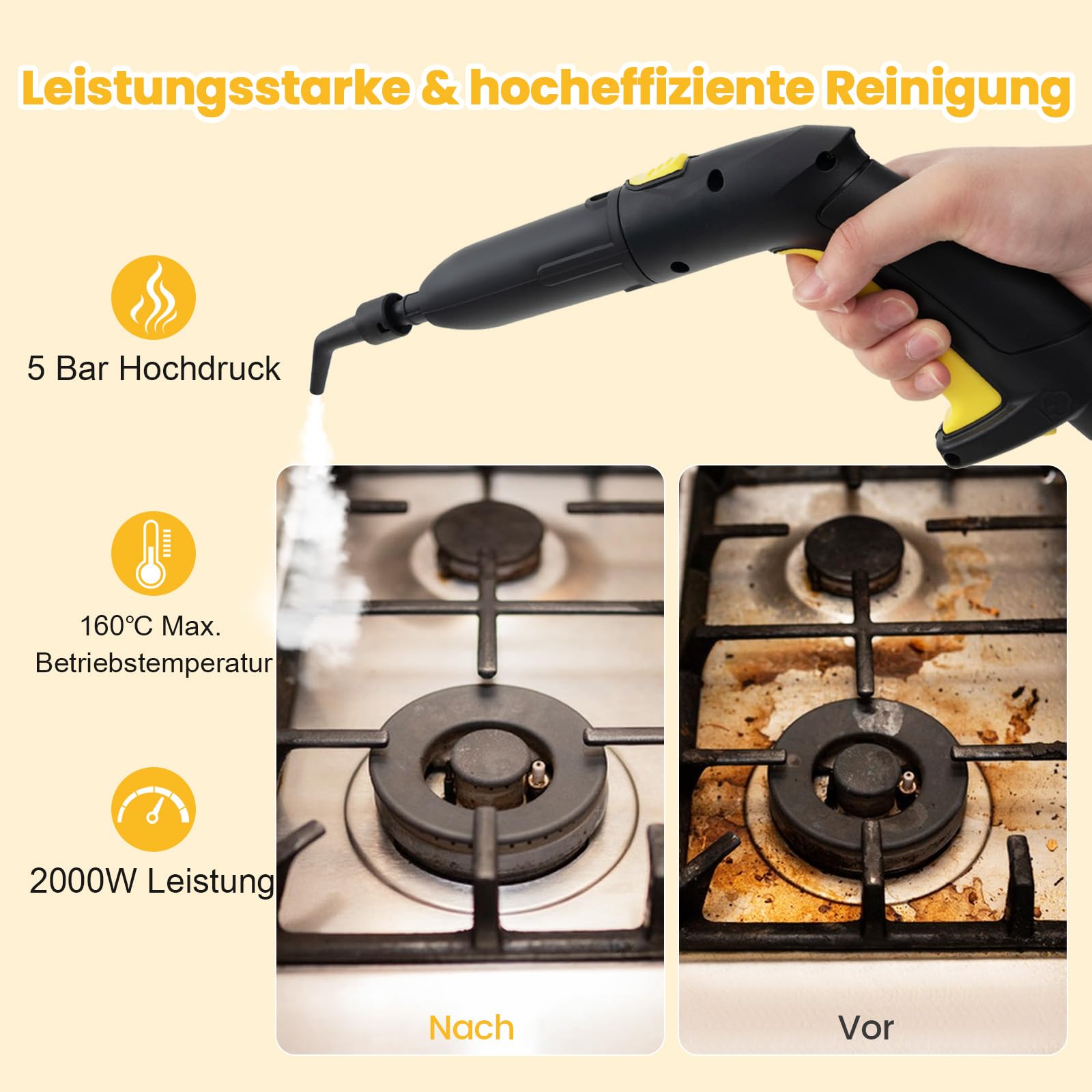 COSTWAY Myjka parowa 2000W, Para pod ciśnieniem: 5 bar, Zbiornik: 1,8L, Temperatura: do 160℃, Odkurzacz do podłóg z 29 akcesoriami i wałkami, Urządzenia parowe w zestawie z 5m kablem zasilającym
