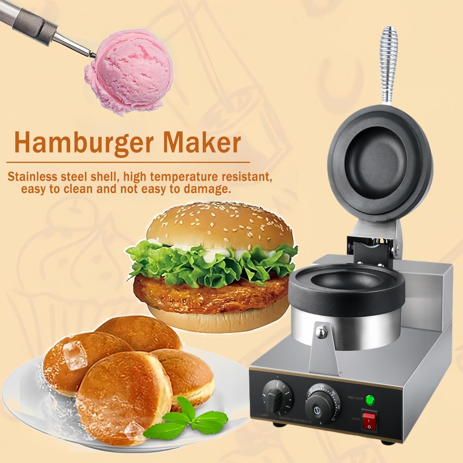 Prasa Do Burgerów Ufo, Komercyjna Prasa Do Burgerów, Gofrownica Do Lodów, Elektryczna Prasa Do Panini Z Powłoką Zapobiegającą Przywieraniu, Regulowana Temperatura Od 50 Do 300 ° C