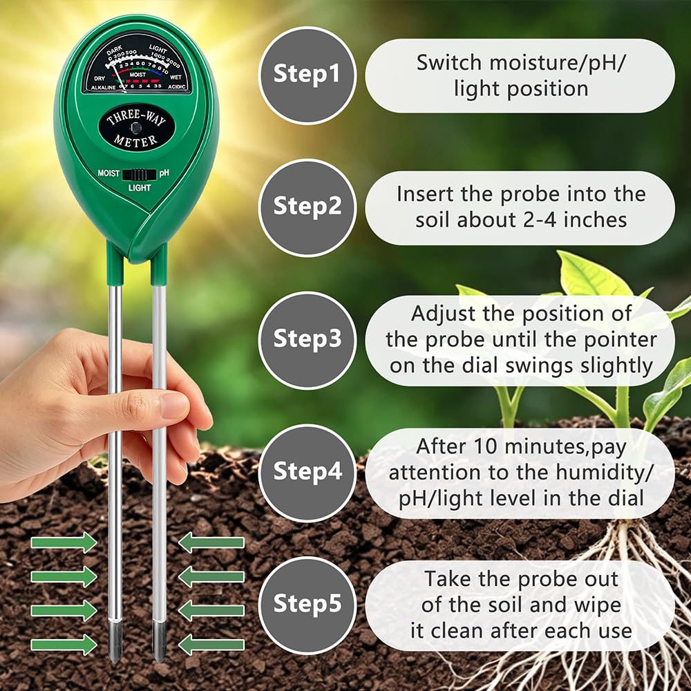 Probador de suelo, medidor de pH del suelo, medidor de prueba de suelo 3 en 1 para humedad, medidor de humedad del suelo para plantas, valor de pH y horas de luz solar, no requiere pilas