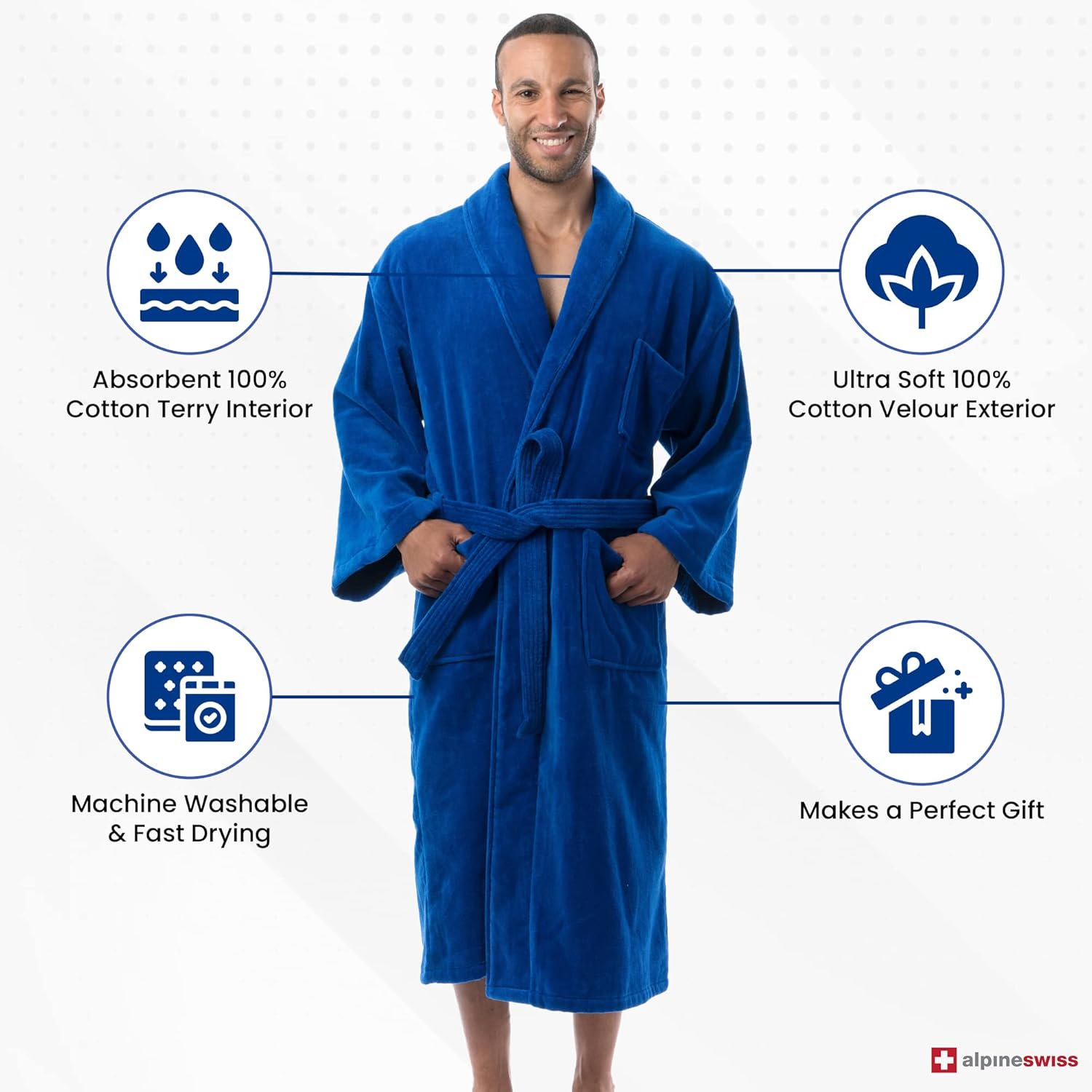 Alpine Swiss Pure Cotton Mens Terry Cloth Bathrobe Super Absorbent Spa Robe - Image 3