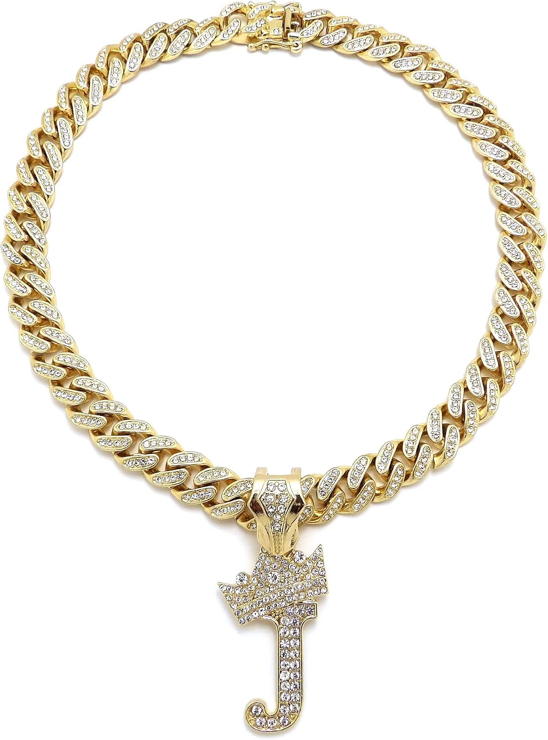 Hip Hop Alphabet Initial J Pendant & 12mm 18" Full Iced Box Lock Cuban Chain Necklace
