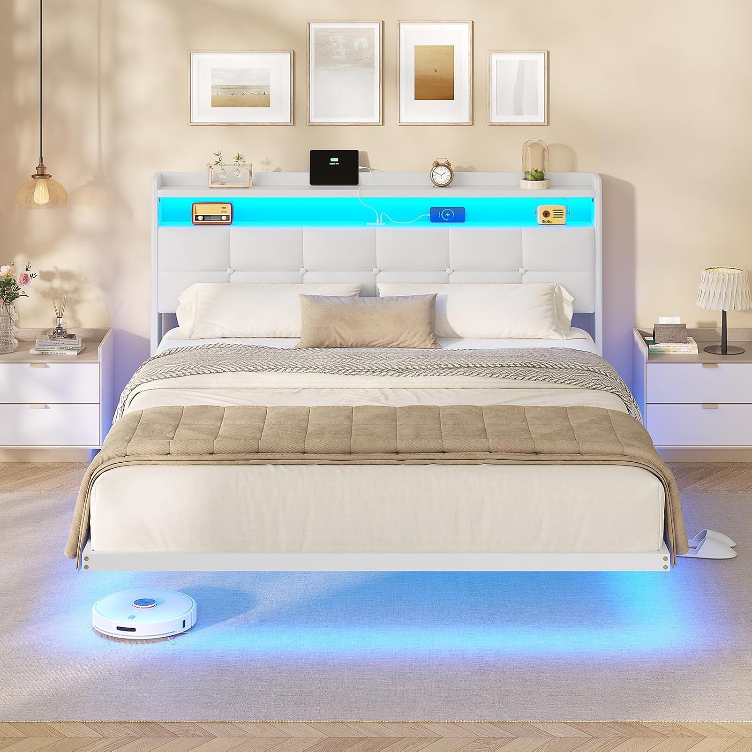 AOGLLATI Cama de matrimonio de 160 x 200 cm con efecto visual levitante, estructura de cama con LED y estación de carga, cama con cabecero acolchado y estructura de metal, sin colchón, color blanco