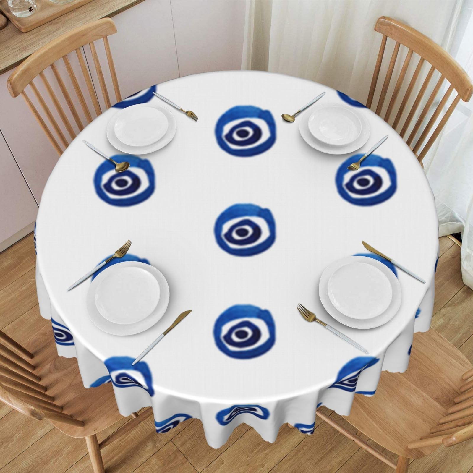DCEHGEW 60 In Round Tablecloth with Lace, Evil eyes Printed Oilproof & Washable Fabric Picnic Table Cloth Table Covers