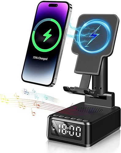 YUN CHUANG Reloj despertador con altavoz Bluetooth inalámbrico y cargador inalámbrico de 15 W, soporte portátil para teléfono celular, base