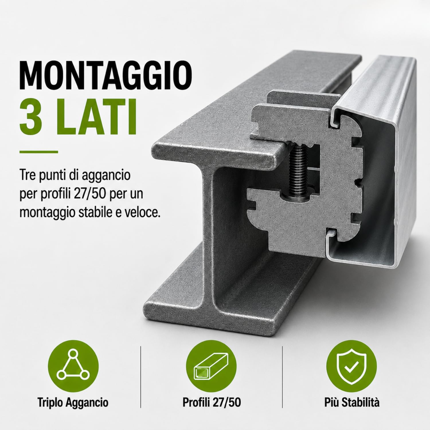 Fixlin Morsetto in Acciaio Regolabile con Triplo Attacco per Blocca Profili 50/27 su Tubi e Putrelle Metalliche
