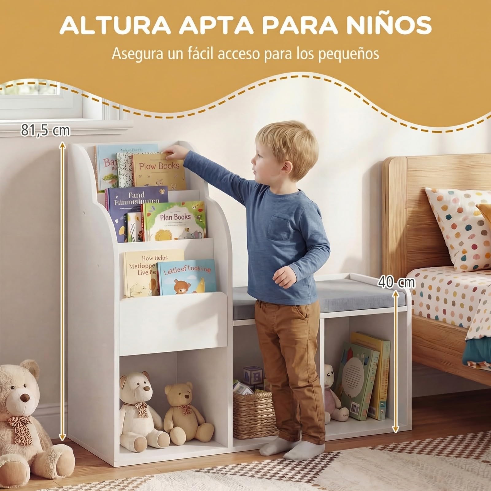 COSTWAY Estantería Infantil con Banco, Librería Infantil con Estantes de 3 Niveles, 3 Compartimentos Abiertos y Cojín de Asiento, Estantería para Niños para Dormitorio, Sala de Juegos